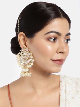 Laida - Gold-Toned & White Kundan-Studded Handcrafted Dome Shaped Jhumkas With Ear chain