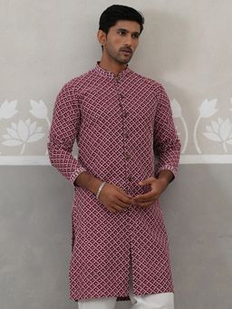 Jompers - Men Maroon Embroidered Sequin Chikankari Kurta