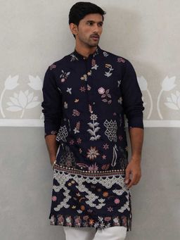 Jompers - Men Embroidered Mandarin Neck Navy Blue Kurta