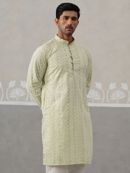 Jompers - Men Embroidered Mandarin Neck Green Kurta