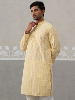 Jompers - Men Embroidered Mandarin Neck Yellow Kurta