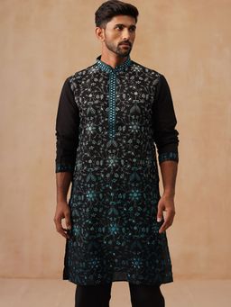 Jompers - Men Blue Embroidered with Mirror Work Full Sleeve Kurta