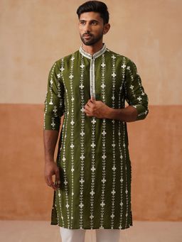 Jompers - Men Olive Embroidered Mandarin Neck Full Sleeve Kurta