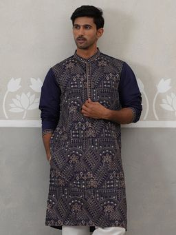 Jompers - Men Navy Blue Traditional Embroidered Kurta