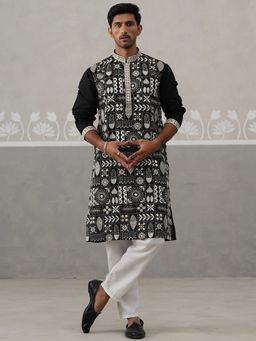 Jompers - Men Silk Blend Embroidered Black Kurta