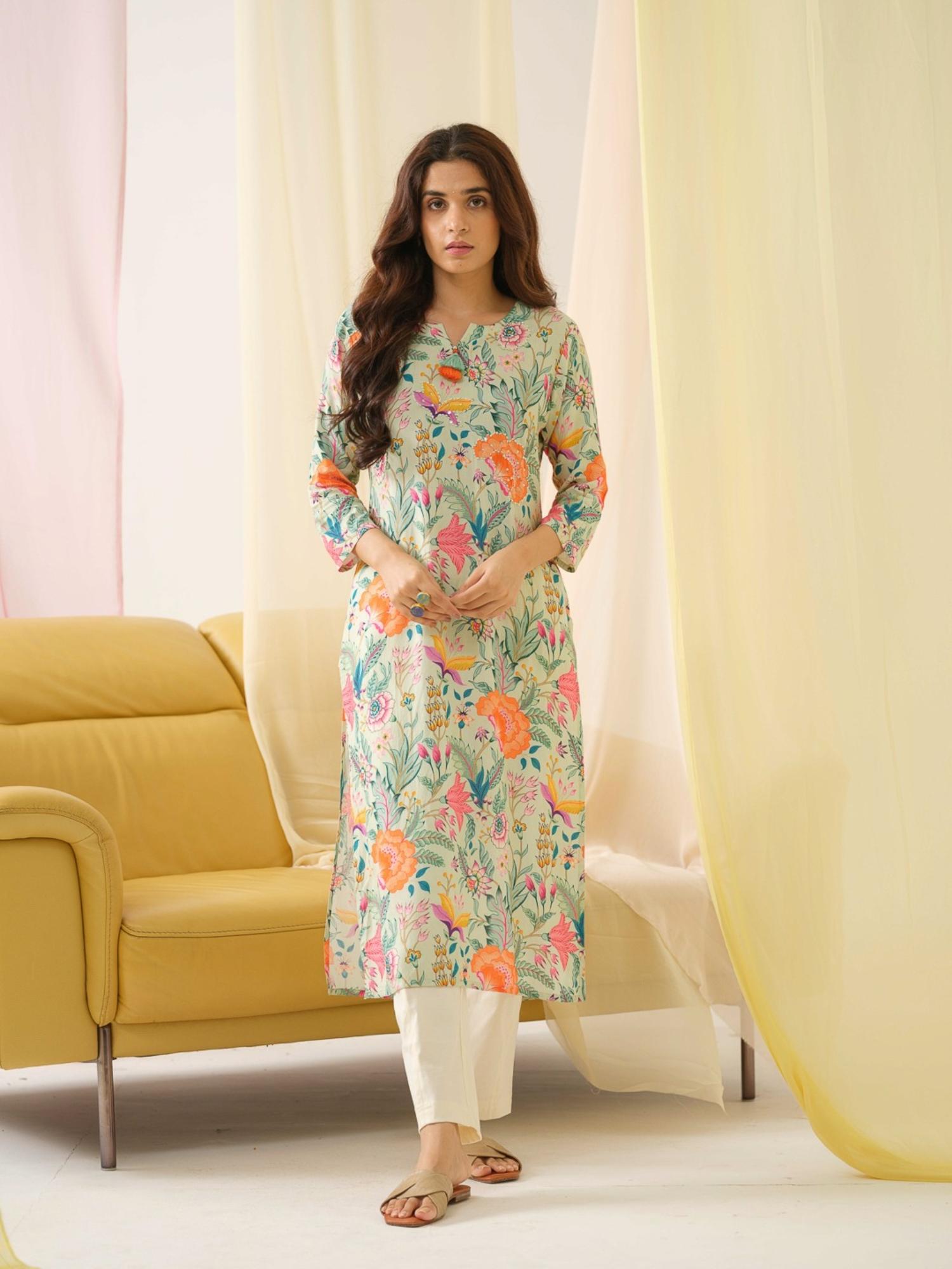 gahan Rayon Embroidered & Sequinned with Floral Printed Green Kurta-picture-36
