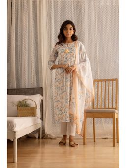 Gahan - Linen Pin Tuck with Sequins & Floral Printed Beige Kurta Pant & Dupatta (Set of 3)