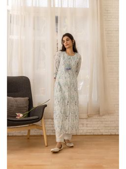 Gahan - Linen Pin Tuck with Sequins & Floral Printed Grey Kurta Pant & Dupatta (Set of 3)