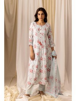 Gahan - Linen Pin Tuck with Sequins & Floral Printed White Kurta Pant & Dupatta (Set of 3)
