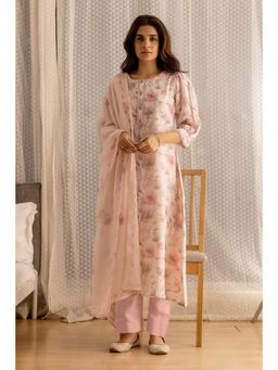 Gahan - Linen Beads & Sequinned with Floral Printed Off White Kurta Pant & Dupatta (Set of 3)