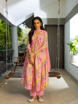 Gahan - Cotton Mirror Work Floral Printed Pink Alia Cut Gathered Kurta Pant & Dupatta (Set of 3)