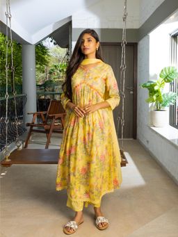 Gahan - Cotton Mirror Work Floral Printed Yellow Alia Cut Kurta Pant & Dupatta (Set of 3)