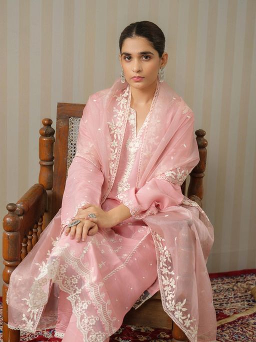 Gahan Silk Blend Embroidered & Mirror Embellished Pink Kurta Pant & Organza Dupatta (Set of 3)