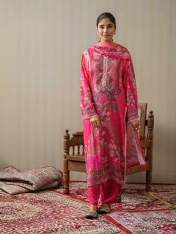Gahan - Blended Muslin Floral Printed with Lace Embellished Pink Kurta Pant & Dupatta (Set of 3)