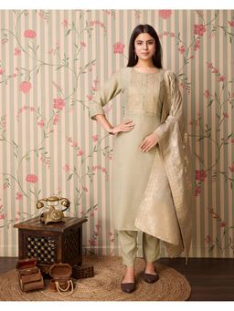 Gahan - Silk Blend Yoke Embroidered & Sequinned Olive Kurta Pant & Jacquard Dupatta (Set of 3)