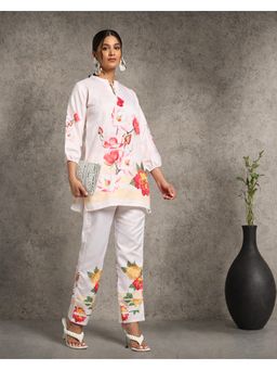 Gahan - Linen Floral Printed with Neck Tie-Up Off White Co-Ord (Set of 2)