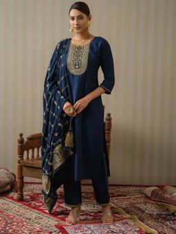 Gahan - Silk Blend Yoke Embroidered & Sequinned Navy Blue Kurta Pant & Dupatta (Set of 3)