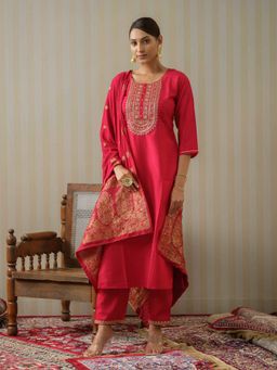 Gahan - Silk Blend Yoke EmbroidePink & Sequinned Pink Kurta Pant & Jacquard Dupatta (Set of 3)