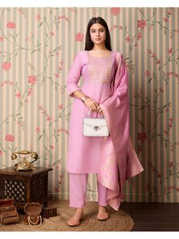 Gahan - Silk Blend Yoke Embroidered & Sequinned Pink Kurta Pant & Jacquard Dupatta (Set of 3)