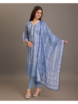 Gahan - Cotton Embroidered & Paisley Motif Printed Blue Kurta Pant & Dupatta (Set of 3)
