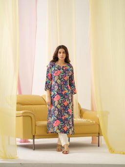 Gahan - Rayon Embroidered & Sequinned with Floral Printed Navy Blue Kurta
