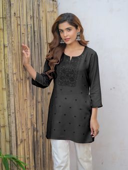 Gahan - Rayon Yoke Floral Embroidered & Sequinned Black Short Kurti