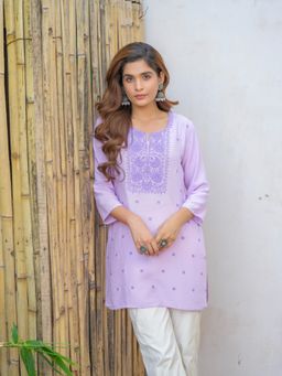 Gahan - Rayon Yoke Floral Embroidered & Sequinned Lavender Short Kurti