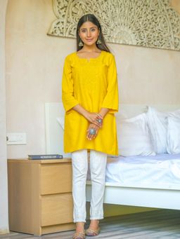 Gahan - Rayon Yoke Floral Embroidered & Sequinned Mustard Short Kurti