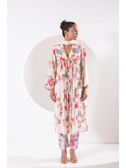 Ekavira - Madhubala White Floral Print Kurta with Pant and Dupatta (Set of 3)