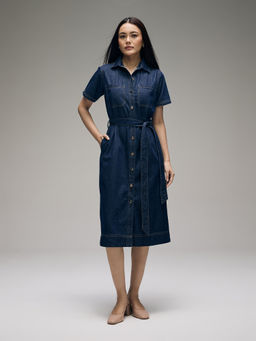 Twenty Dresses by Nykaa Fashion - Dark Blue Denim Collared Button Down Midi Dress With Belt