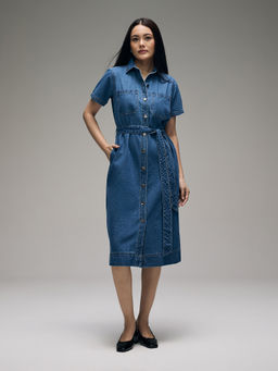 Twenty Dresses by Nykaa Fashion - Blue Denim Collared Button Down Midi Dress With Belt