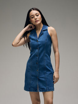 Twenty Dresses by Nykaa Fashion - Blue Denim Lapel Collared Button Down Mini Dress