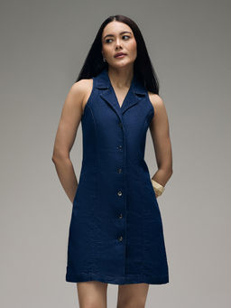 Twenty Dresses by Nykaa Fashion - Dark Blue Denim Lapel Collared Button Down Mini Dress
