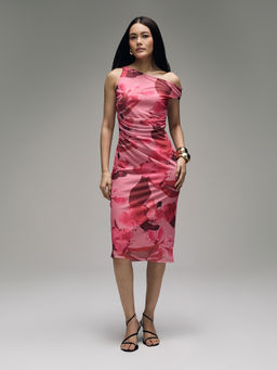 Twenty Dresses by Nykaa Fashion - Multicolor Mesh Floral Asymmetrical Neck Bodycon Midi Dress