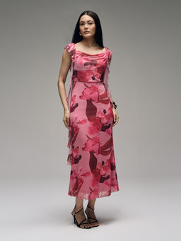 Twenty Dresses by Nykaa Fashion - Multicolor Mesh Floral Cowl Neck Ruffled Midi Dress