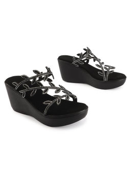 D'Shoe Lounge - Black Crystal Leaf Wedge Sandals