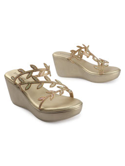 D'Shoe Lounge - Gold Crystal Leaf Wedge Sandals