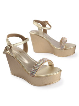 D'Shoe Lounge - Gold Rhinestone Strap Wedge Heel Sandals