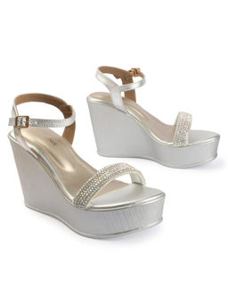 D'Shoe Lounge - Silver Rhinestone Strap Wedge Heel Sandals