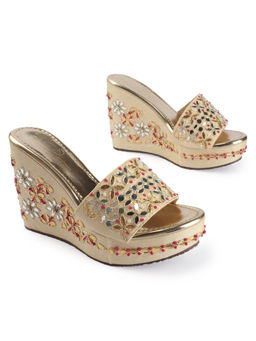 D'Shoe Lounge - Beige Mirror Embellished Wedge Sandals