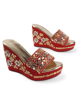 D'Shoe Lounge - Maroon Mirror Embellished Wedge Sandals