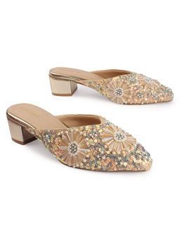 D'Shoe Lounge - Gold Embellished Champagne Block Heel