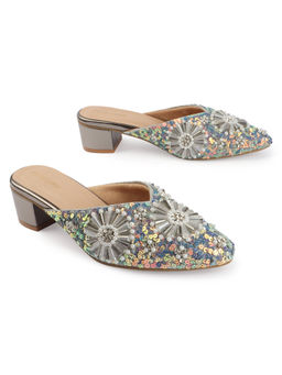 D'Shoe Lounge - Grey Embellished Champagne Block Heel