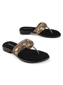 D'Shoe Lounge - Metallic Ethnic Gold Coin Detail Flats