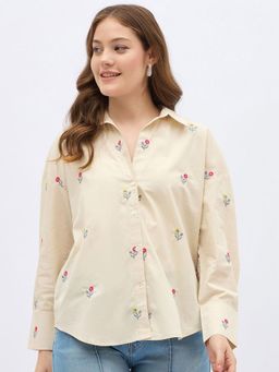Gahan - Floral Embroidered Spread Collar Casual Pure Cotton Shirt