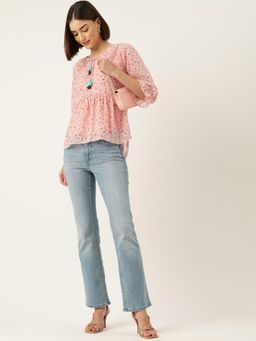 Gahan - Floral Print Tie Up Neck Bishop Sleeves Chiffon Peplum Top