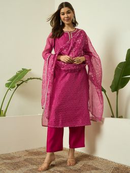Gahan - Womens Pink Organza Printed Straight Silk Blend Kurta with Pant & Dupatta
