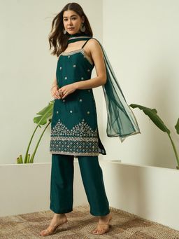 Gahan - Womens Green Georgette Embroidered Straight Kurta with Pant & Net Dupatta