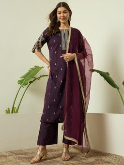 Gahan - Womens Wine Silk Blend Embroidered Straight Kurta with Pant & Net Dupatta