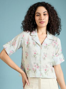 Gahan - Womens Modern Cuban Collar Floral Printed Cotton Casual Shirt